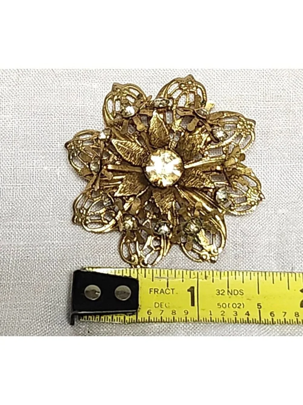 Vintage Gold Tone Multi-Layered Filigree Brooch Rhinestone Accents Sparkling Rom